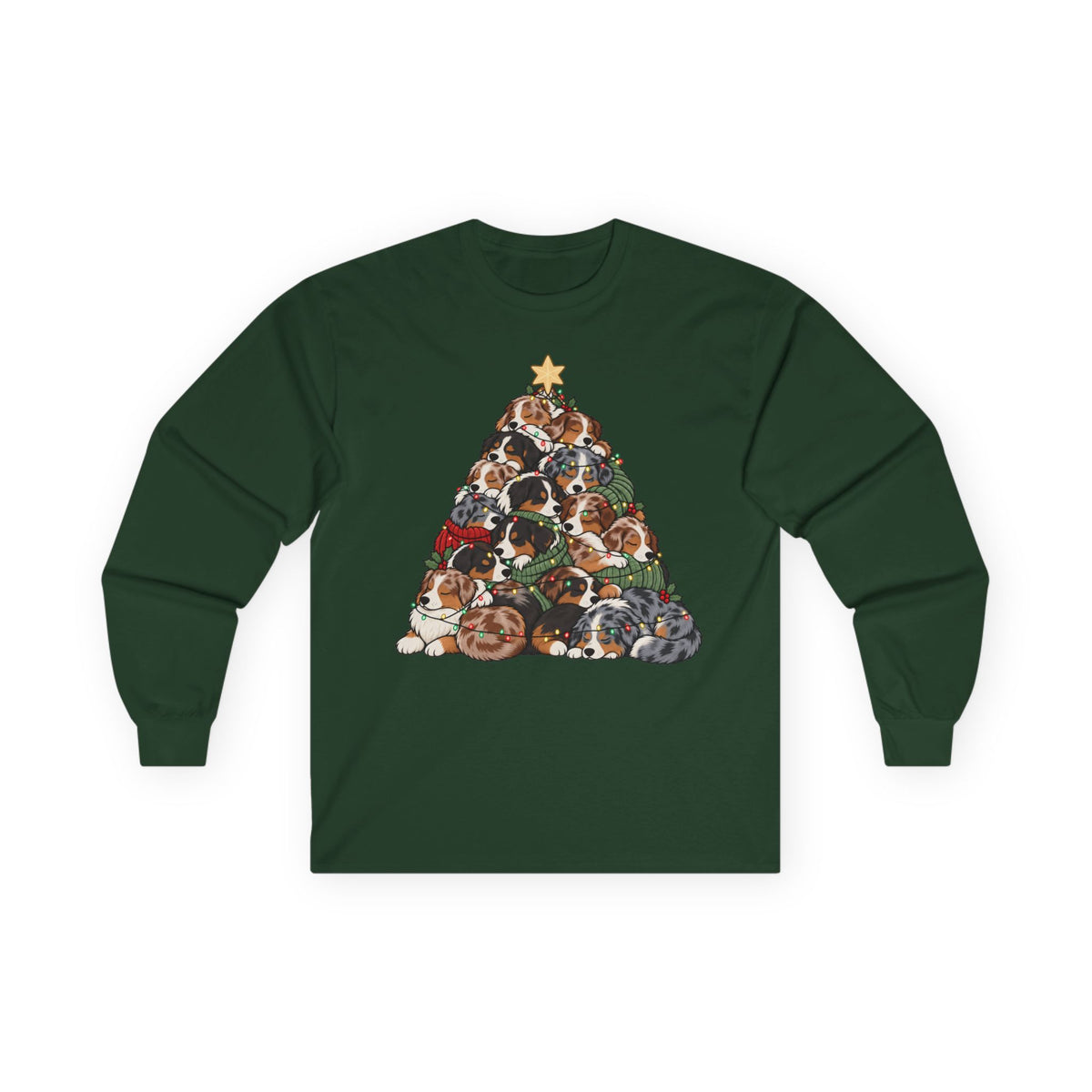 Australian Shepherd Christmas Tree long sleeve tee in Forest Green