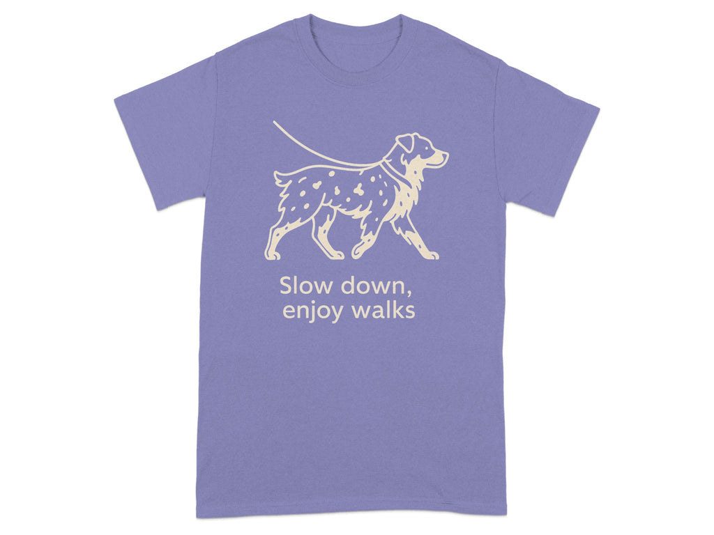 Illustration of a dog on a leash with text "Slow down, enjoy walks".