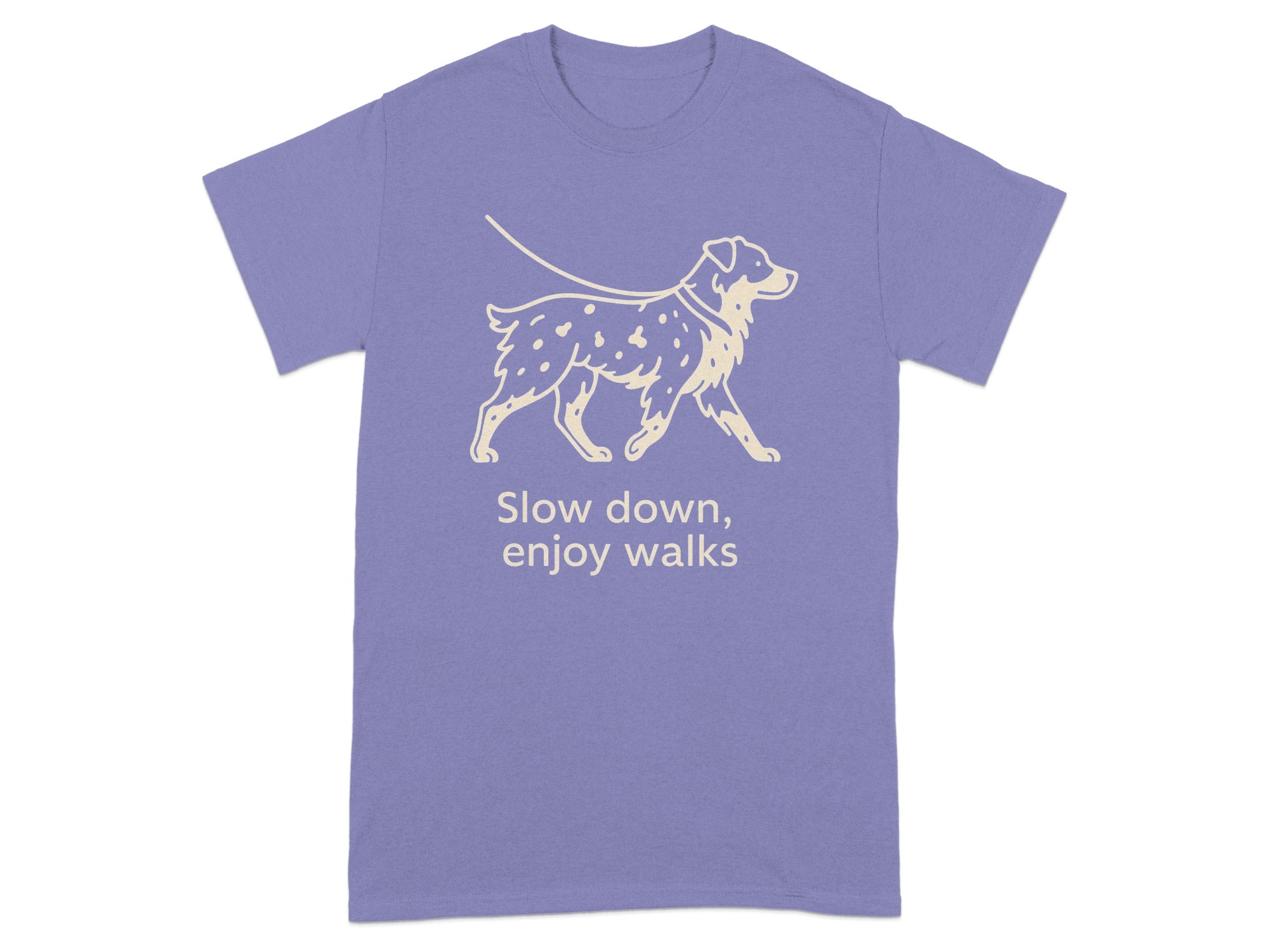 Illustration of a dog on a leash with text "Slow down, enjoy walks".