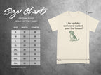 Gildan 5000 heavy cotton t-shirt size chart with humorous graphic.
