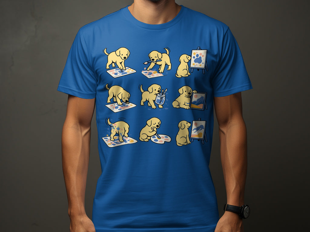 Cute cartoon puppies painting a picture on canvas and on paper.