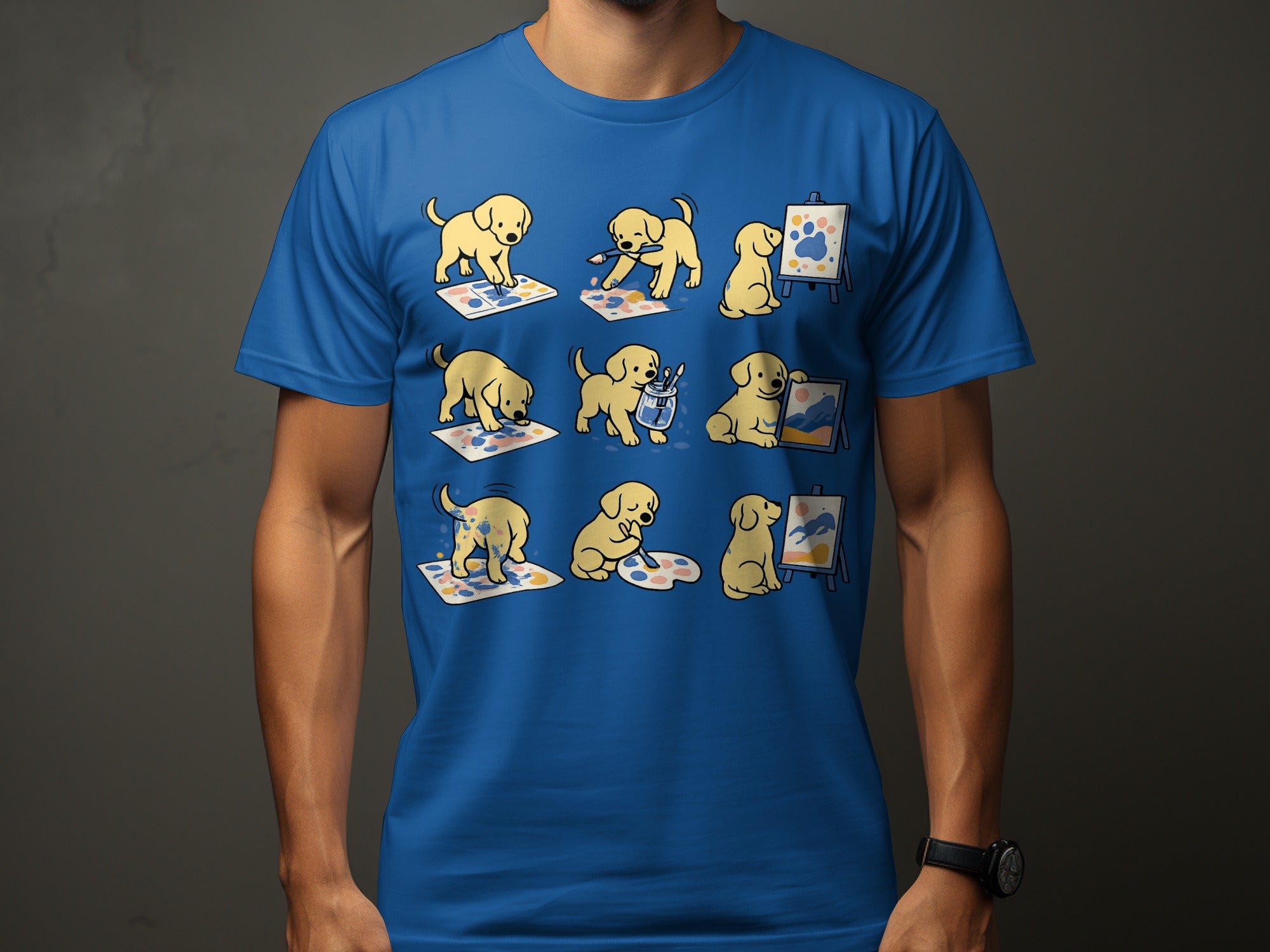 Cute cartoon puppies painting a picture on canvas and on paper.