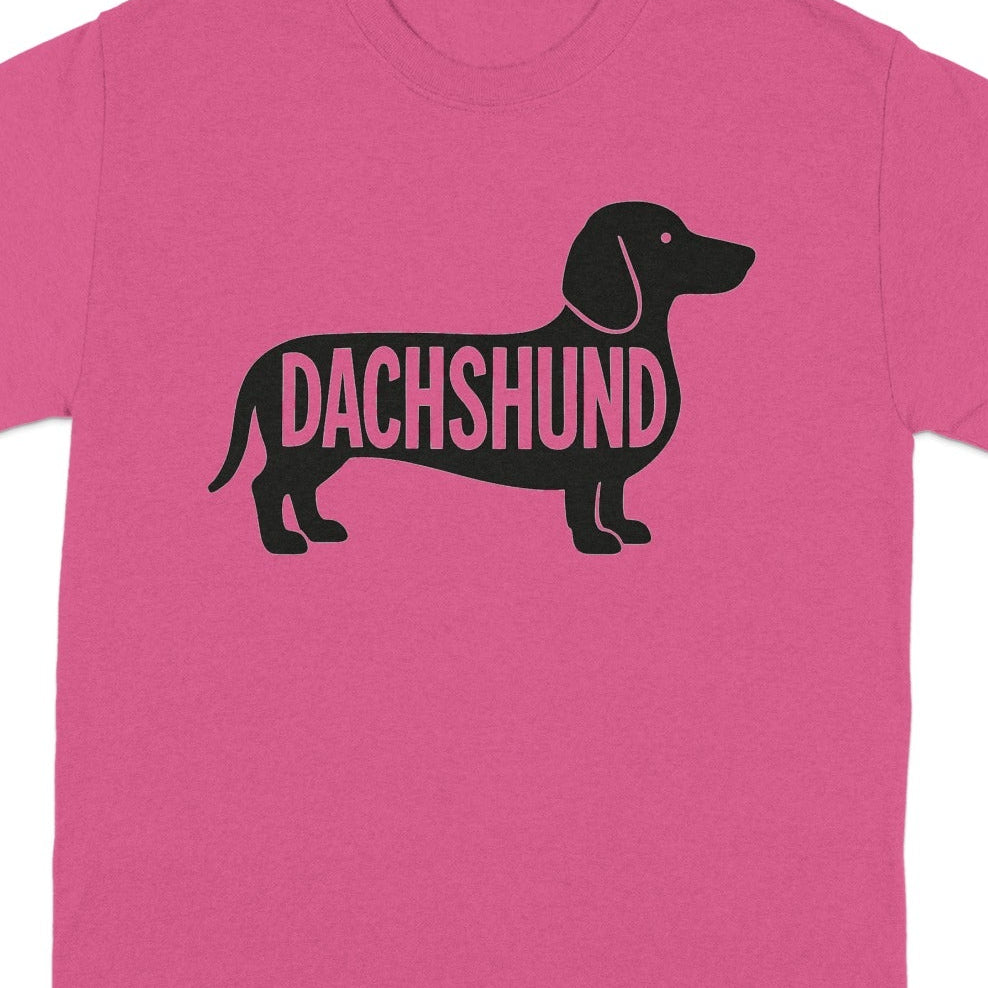 Pink t-shirt with a black silhouette of a dachshund containing the word "Dachshund".