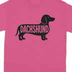 Pink t-shirt with a black silhouette of a dachshund containing the word "Dachshund".