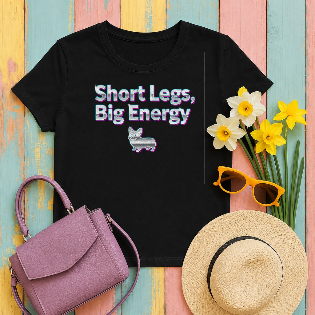 Short Legs Big Energy with a Corgi Image T-Shirt in Black