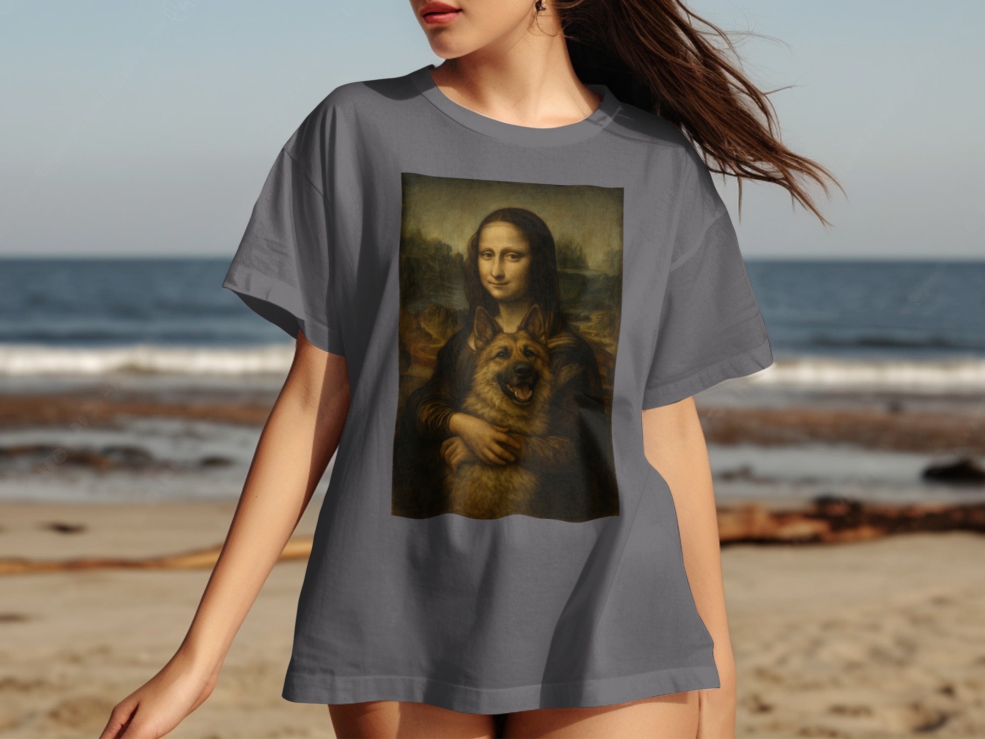 Mona Lisa and Dog Artistic Print Oversized T-Shirt