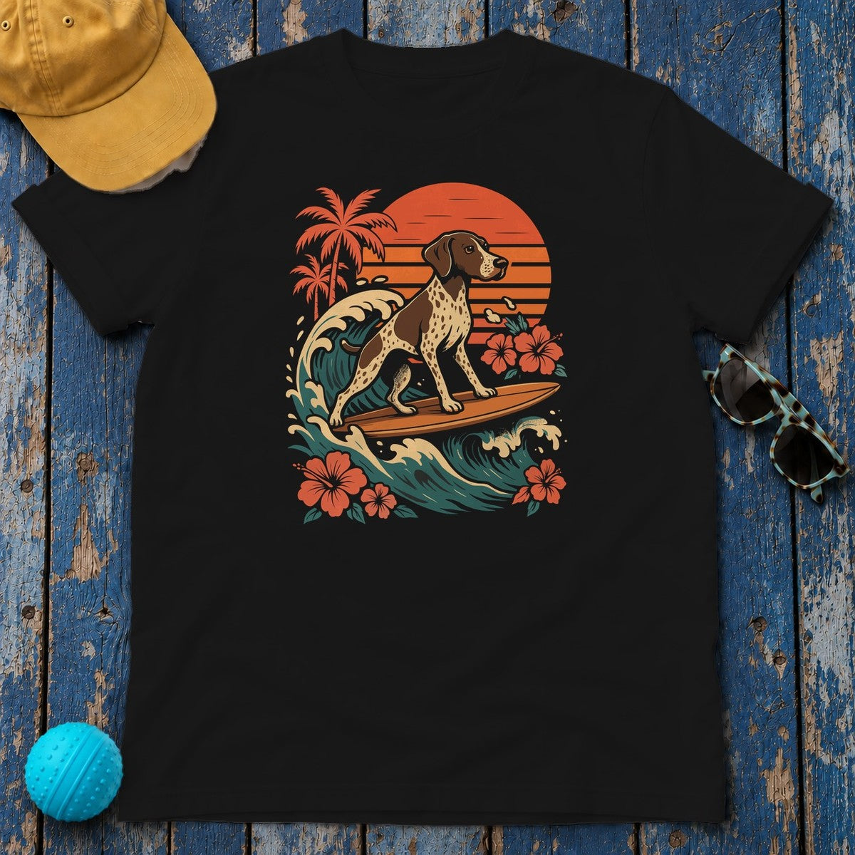 Surfing German Shorthaired Pointer On Waves T-Shirt in Black
