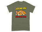 Corgi on olive green t-shirt with text "Judging You From Floor Level."