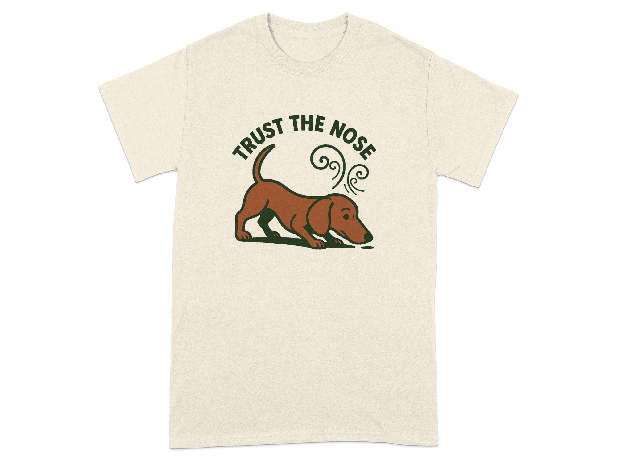 Cream t-shirt with brown dog sniffing and text "Trust the nose".