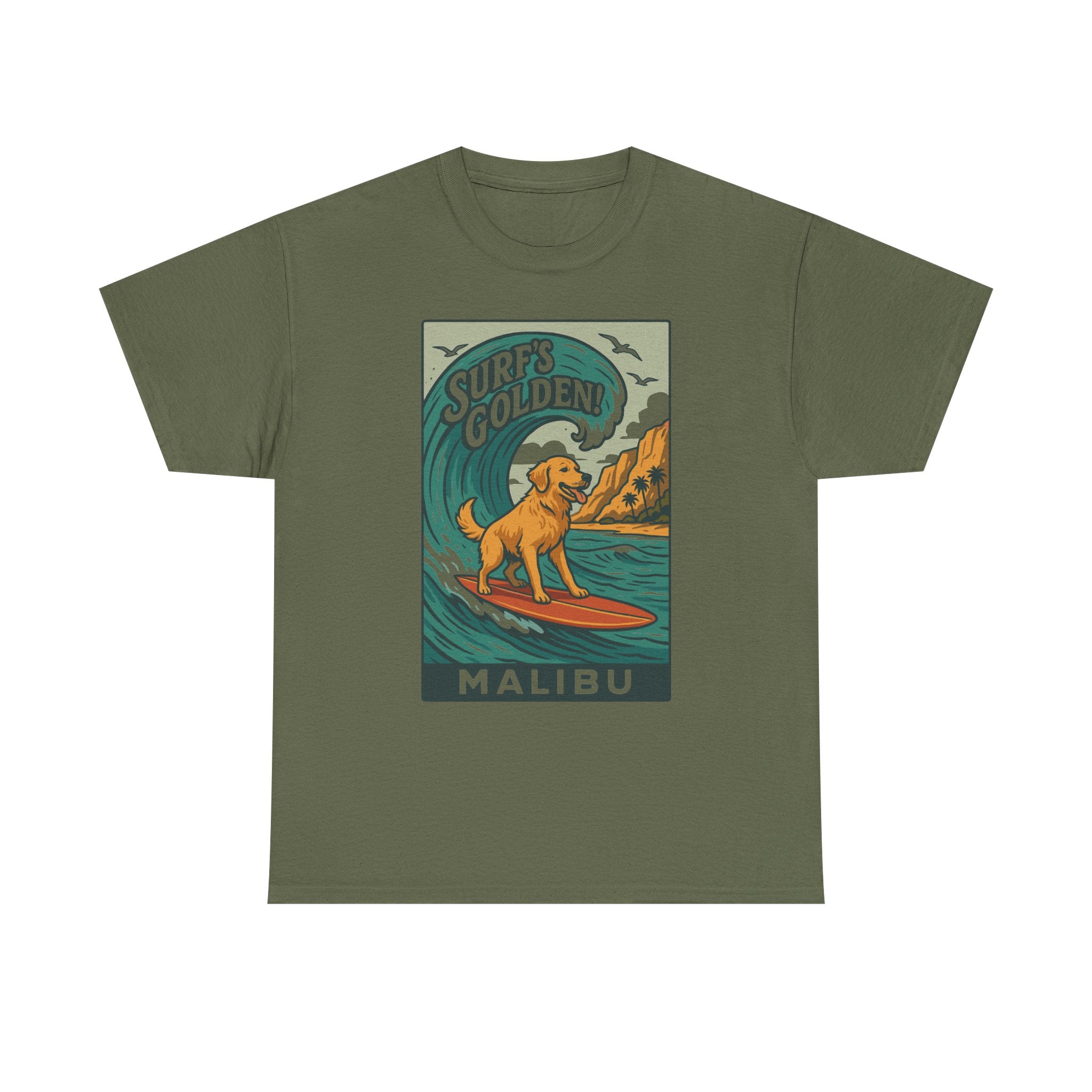 Surf's Golden Malibu Surfing Golden Retriever Dog T-Shirt