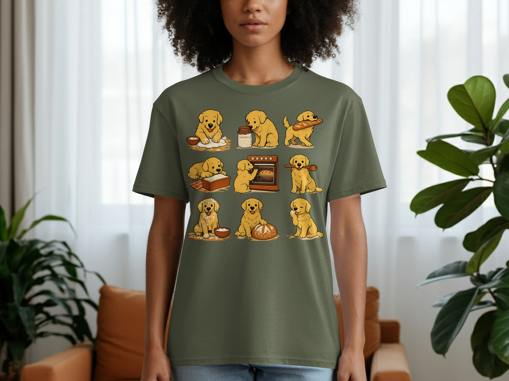 T-shirt featuring a grid of nine cartoon golden retrievers engaged in baking activities.