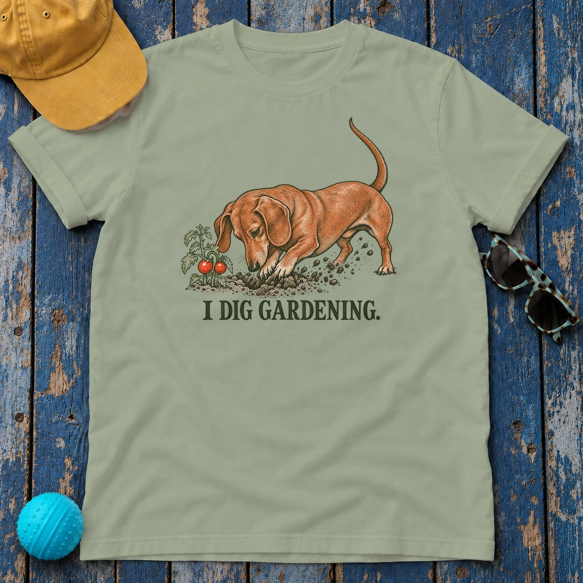 I Dig Gardening Dachshund T-Shirt in Sage - flat lay