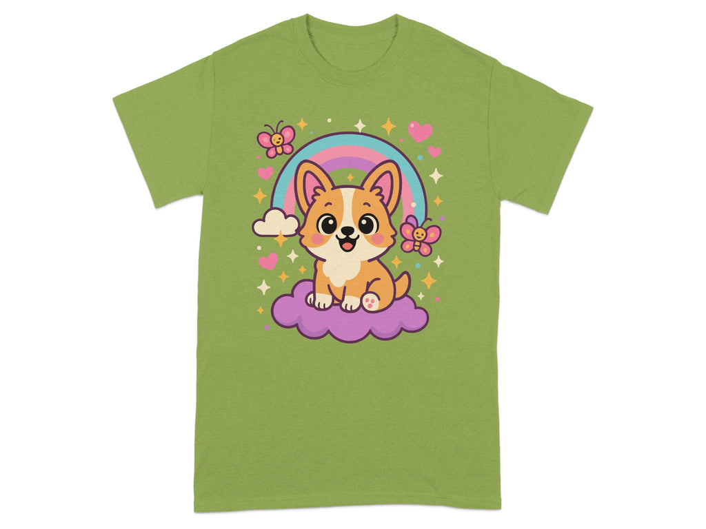 Cute Cartoon Corgi with Rainbow and Hearts Shirt