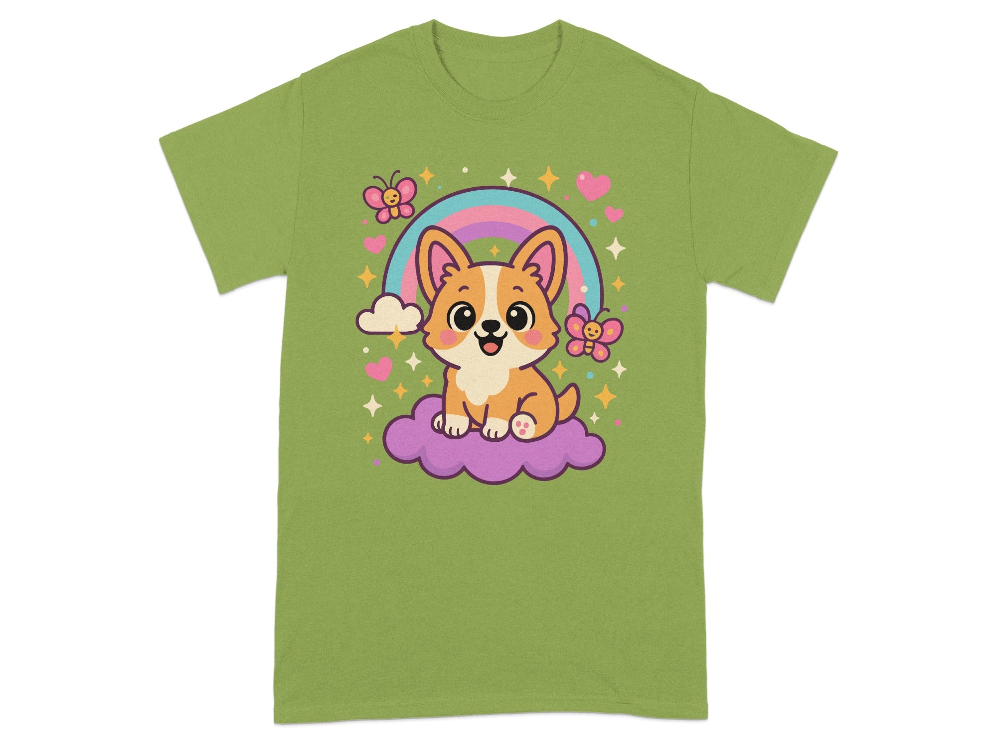 Cute Cartoon Corgi with Rainbow and Hearts Shirt