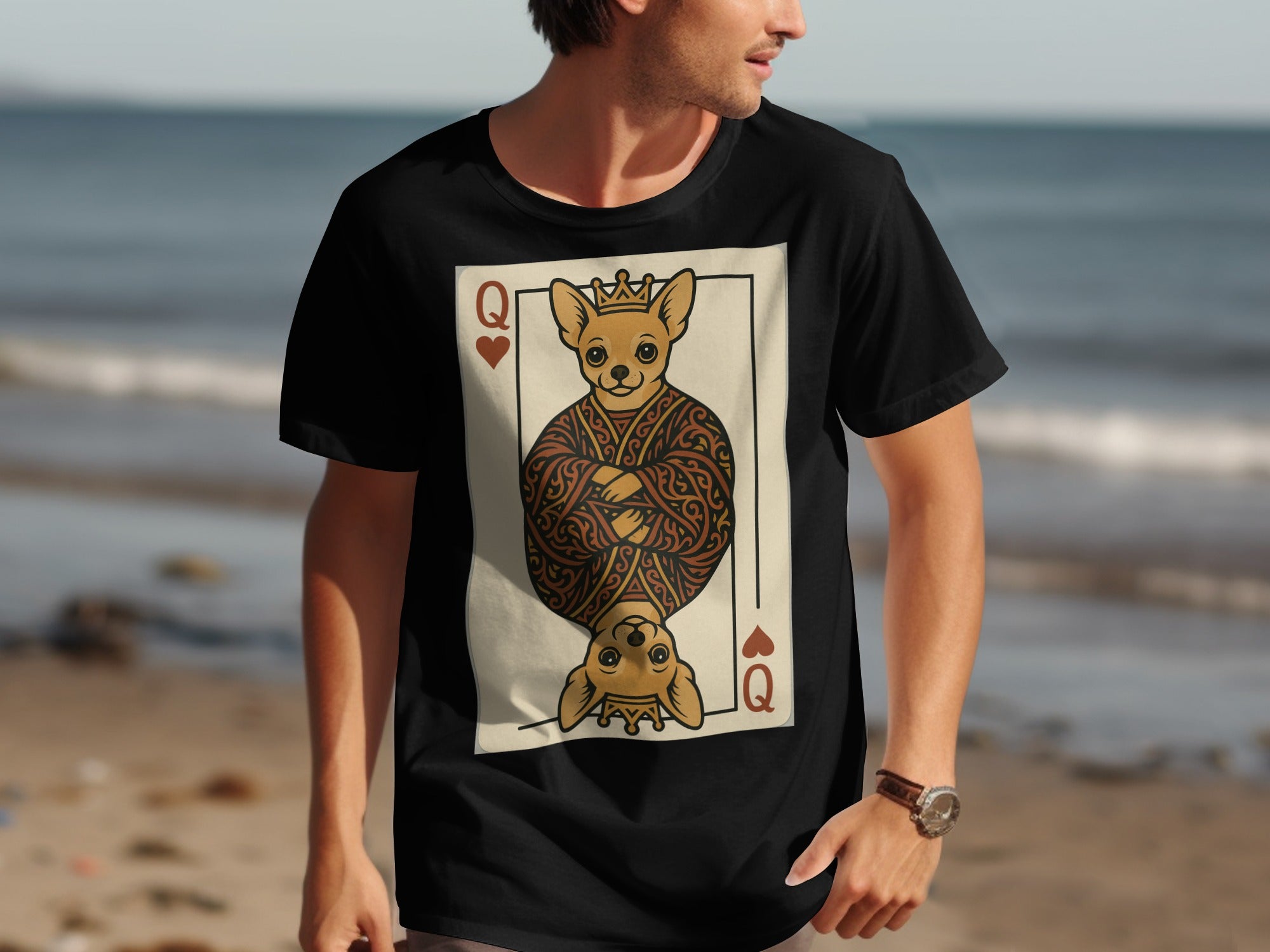Black t-shirt with Queen of Hearts playing card featuring a crowned chihuahua.