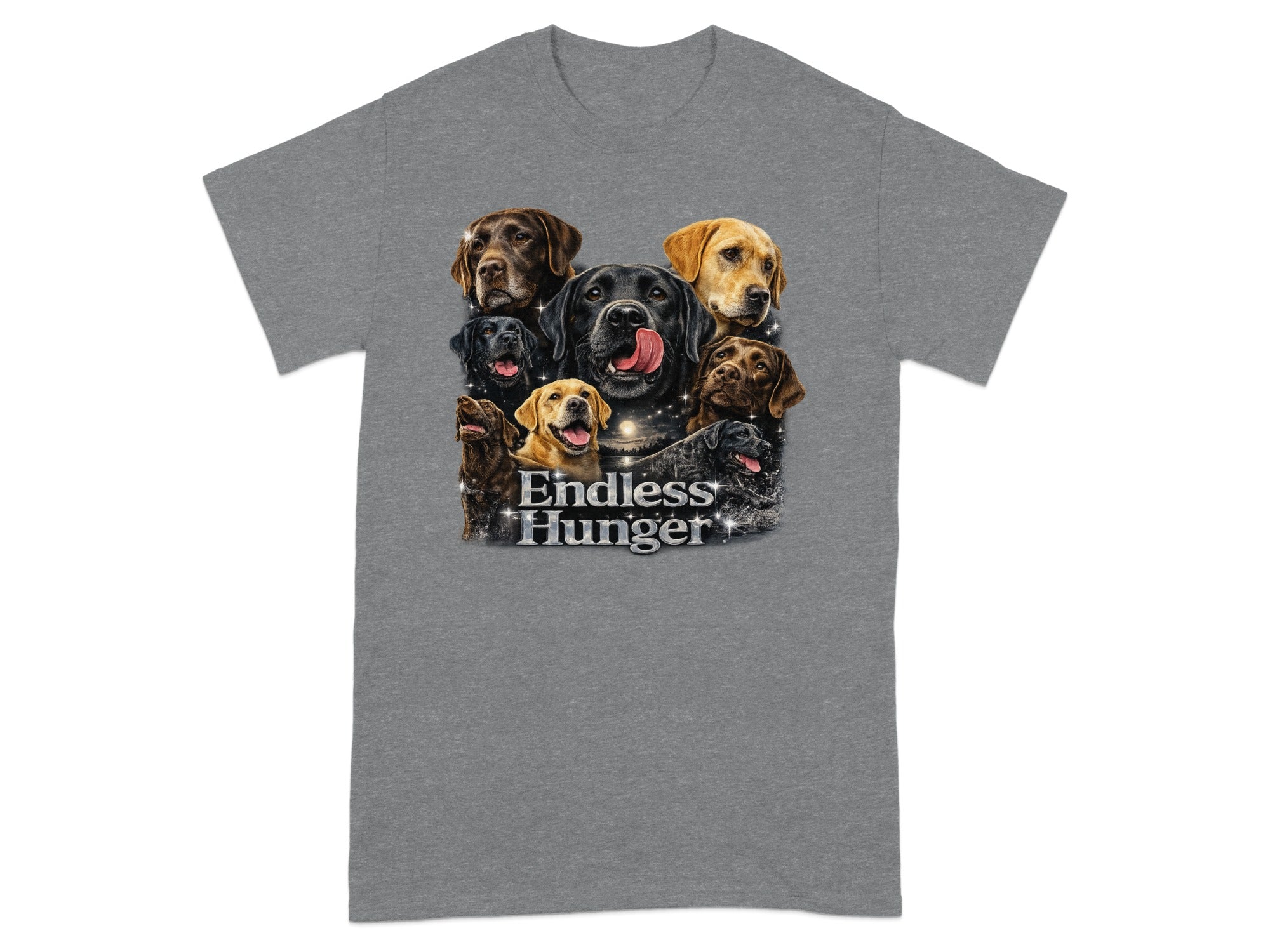 Collage of eight Labrador Retrievers with "Endless Hunger" text below.