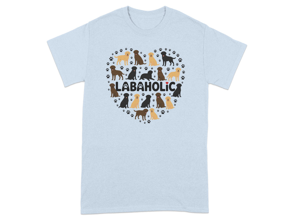 Light blue t-shirt with a heart-shaped pattern of Labradors and paw prints.