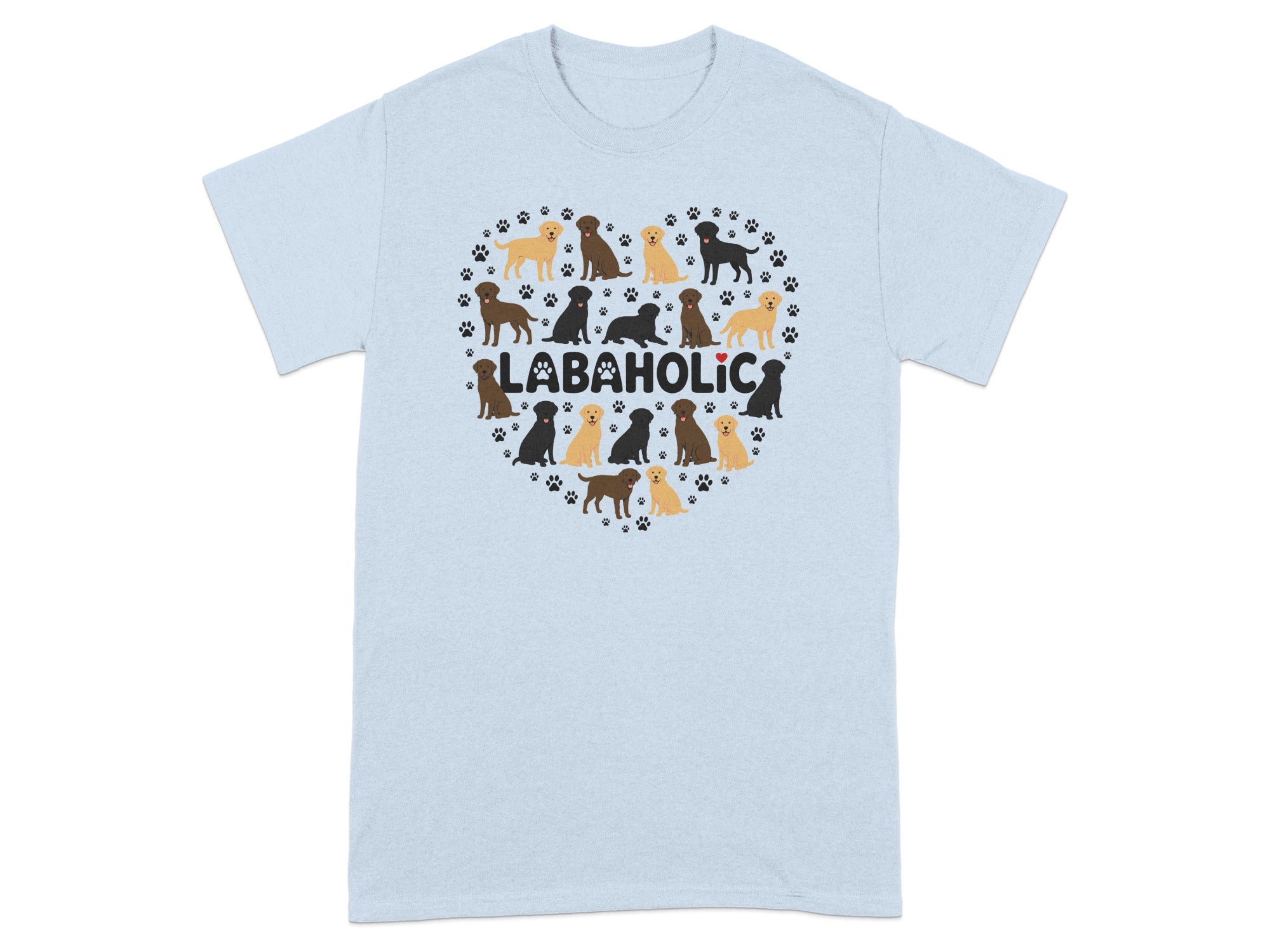 Light blue t-shirt with a heart-shaped pattern of Labradors and paw prints.