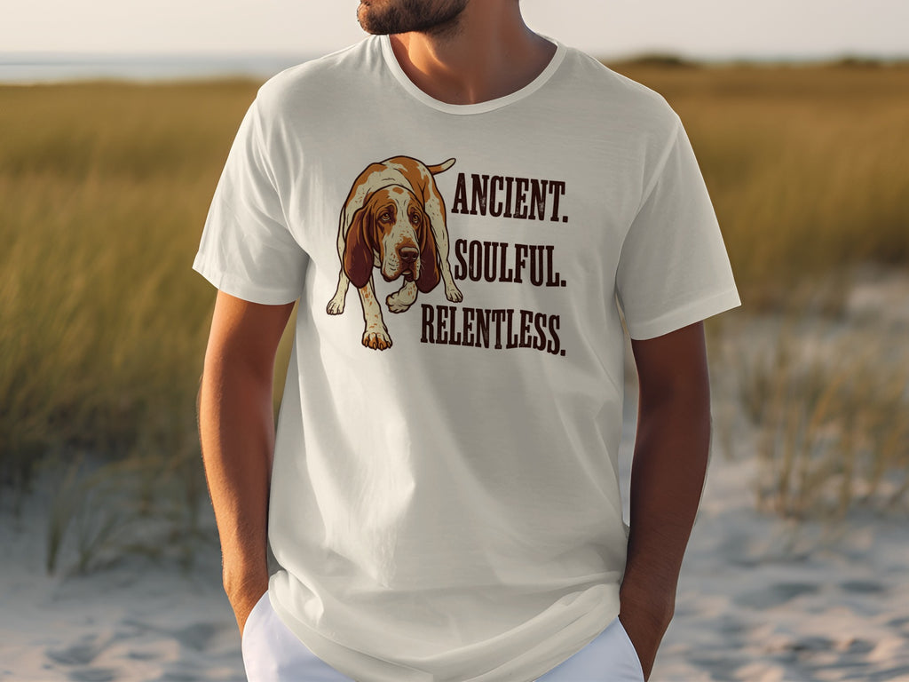 Cream t-shirt with brown Basset Hound and text "ANCIENT. SOULFUL. RELENTLESS."