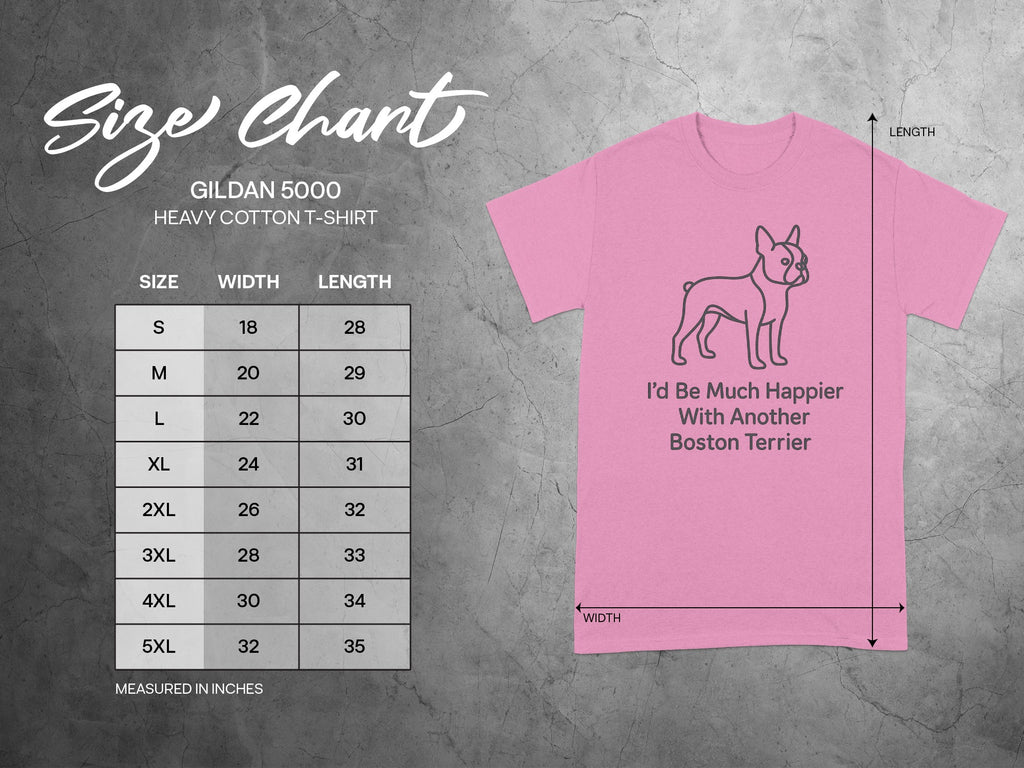 Gildan 5000 t-shirt size chart with Boston Terrier graphic and text.