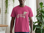 Pink t-shirt with dachshund silhouette filled with the word DACHSHUND.