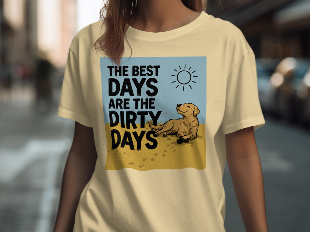 Yellow t-shirt with "The best days are the dirty days" text, sun, and dog graphic.