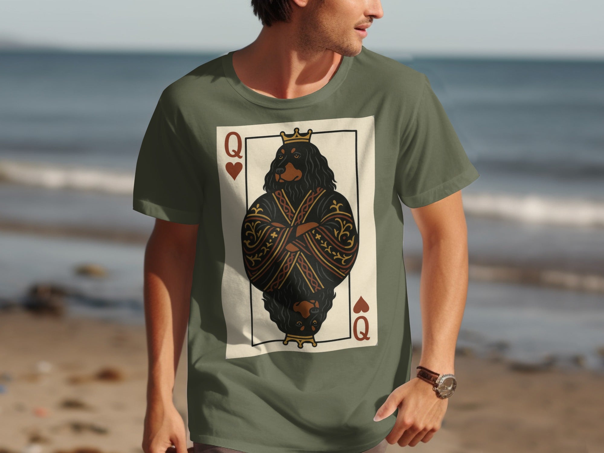 T-shirt with Queen of Hearts card design featuring a dog wearing a crown.