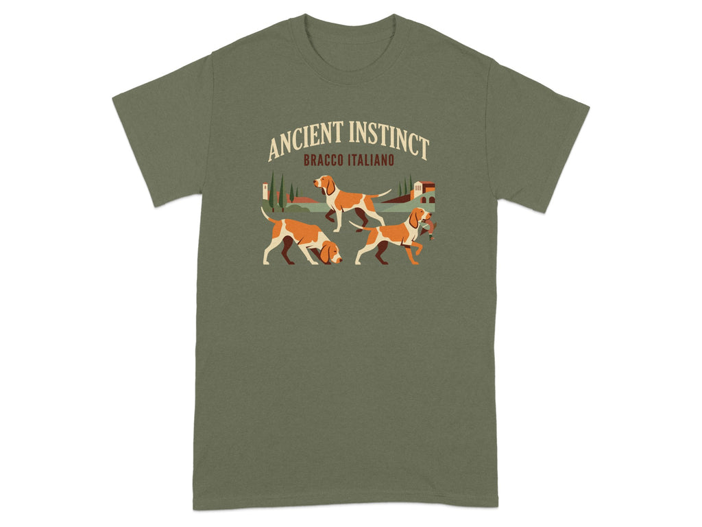T-shirt with "ANCIENT INSTINCT BRACCO ITALIANO" and three dogs.