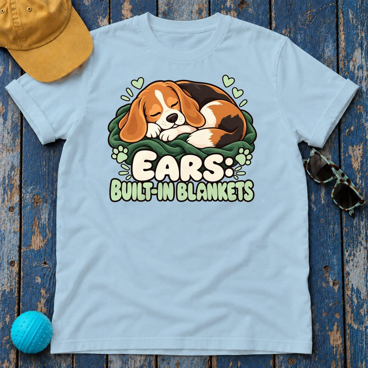 Ears Built-In Blankets Beagle T-Shirt in Light Blue - flat lay