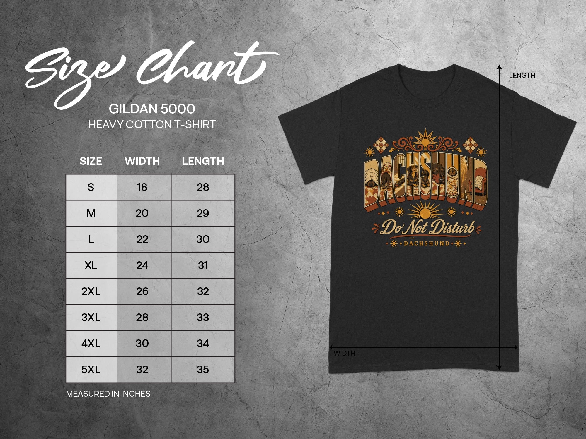 Gildan 5000 t-shirt size chart with width and length measurements.