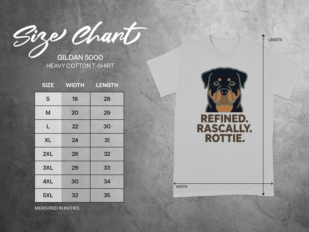 Gildan 5000 heavy cotton t-shirt size chart with Rottweiler graphic.