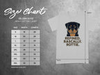 Gildan 5000 heavy cotton t-shirt size chart with Rottweiler graphic.