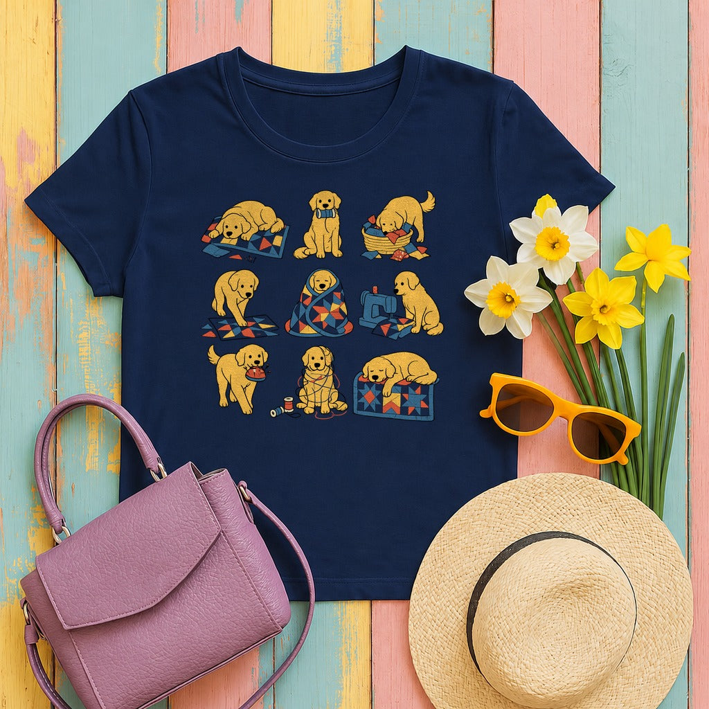 Cozy Golden Retriever Quilting Adventures T-Shirt in Navy