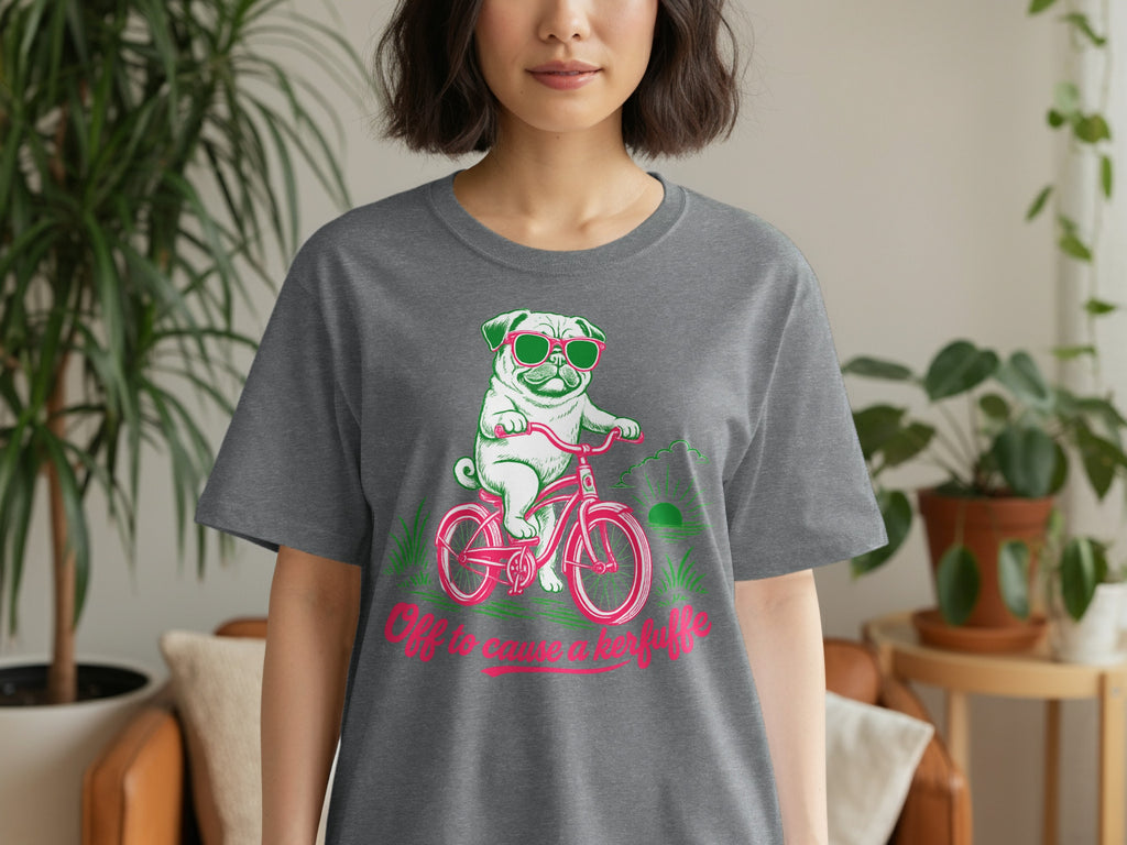T-shirt with pug in sunglasses riding a pink bicycle, text reads "Off to cause a kerfuffle".
