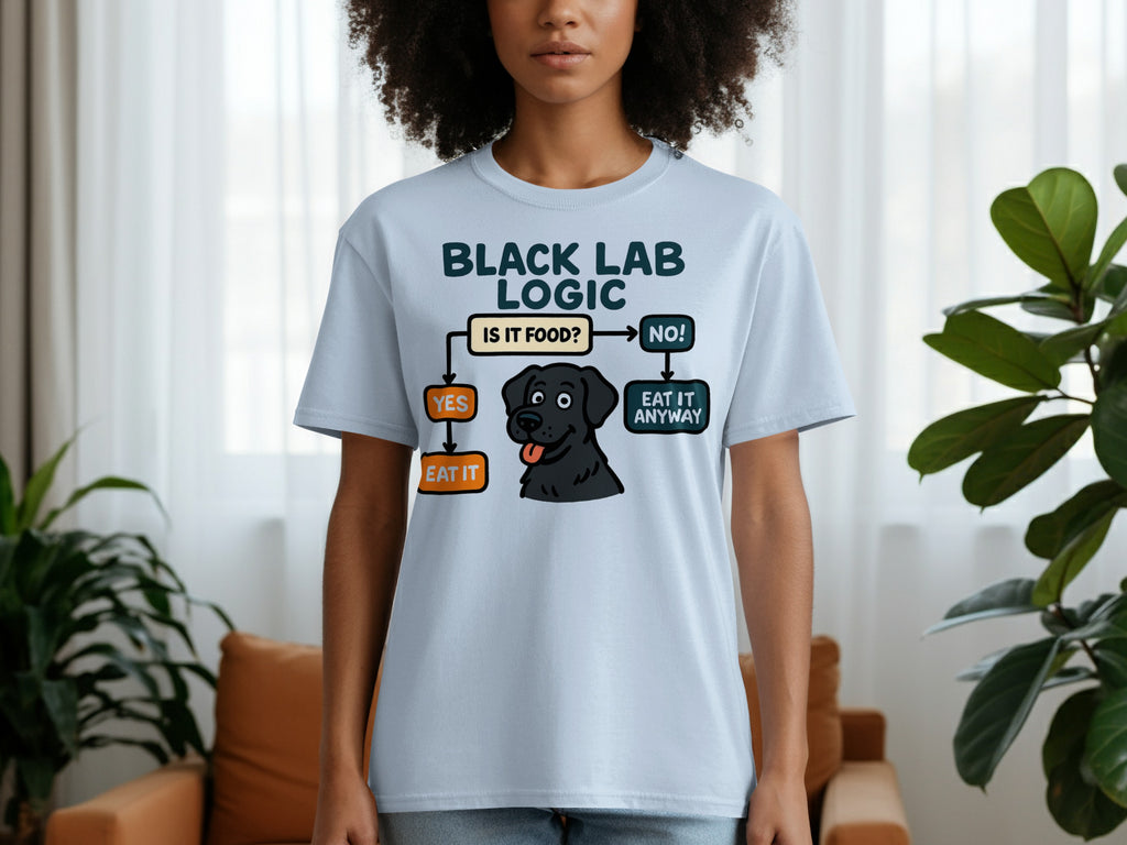 Light blue t-shirt with black lab logic flowchart: "Is it food?" leads to "Yes" or "No" branches.