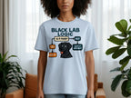 Light blue t-shirt with black lab logic flowchart: "Is it food?" leads to "Yes" or "No" branches.