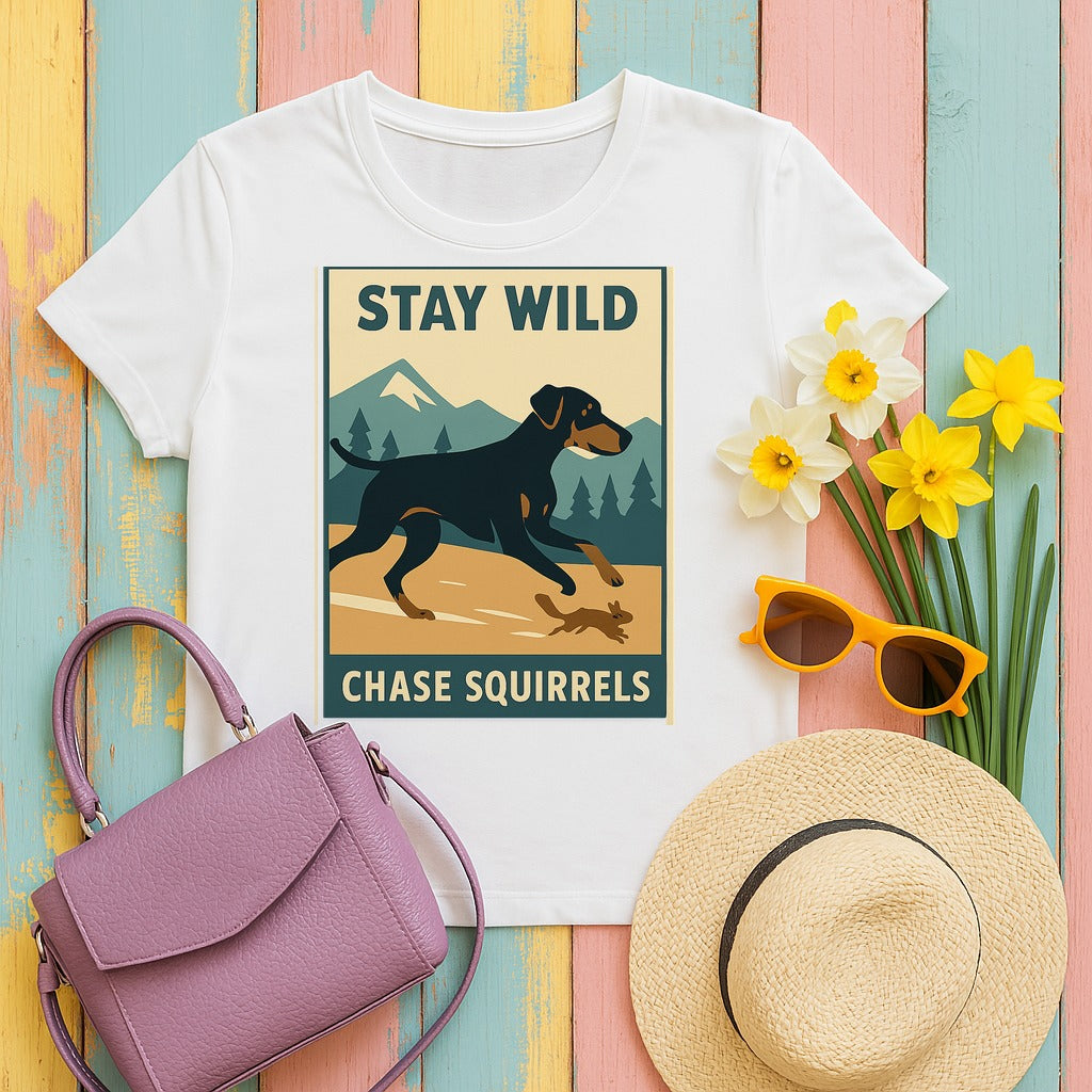 Doberman Stay Wild Chase Squirrels Tee in White