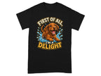 Black t-shirt with cartoon dachshund splashing water, text "First of all, I'm a delight".