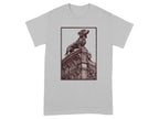 Dachshund on ornate architectural detail, in sepia-toned illustration within a frame.