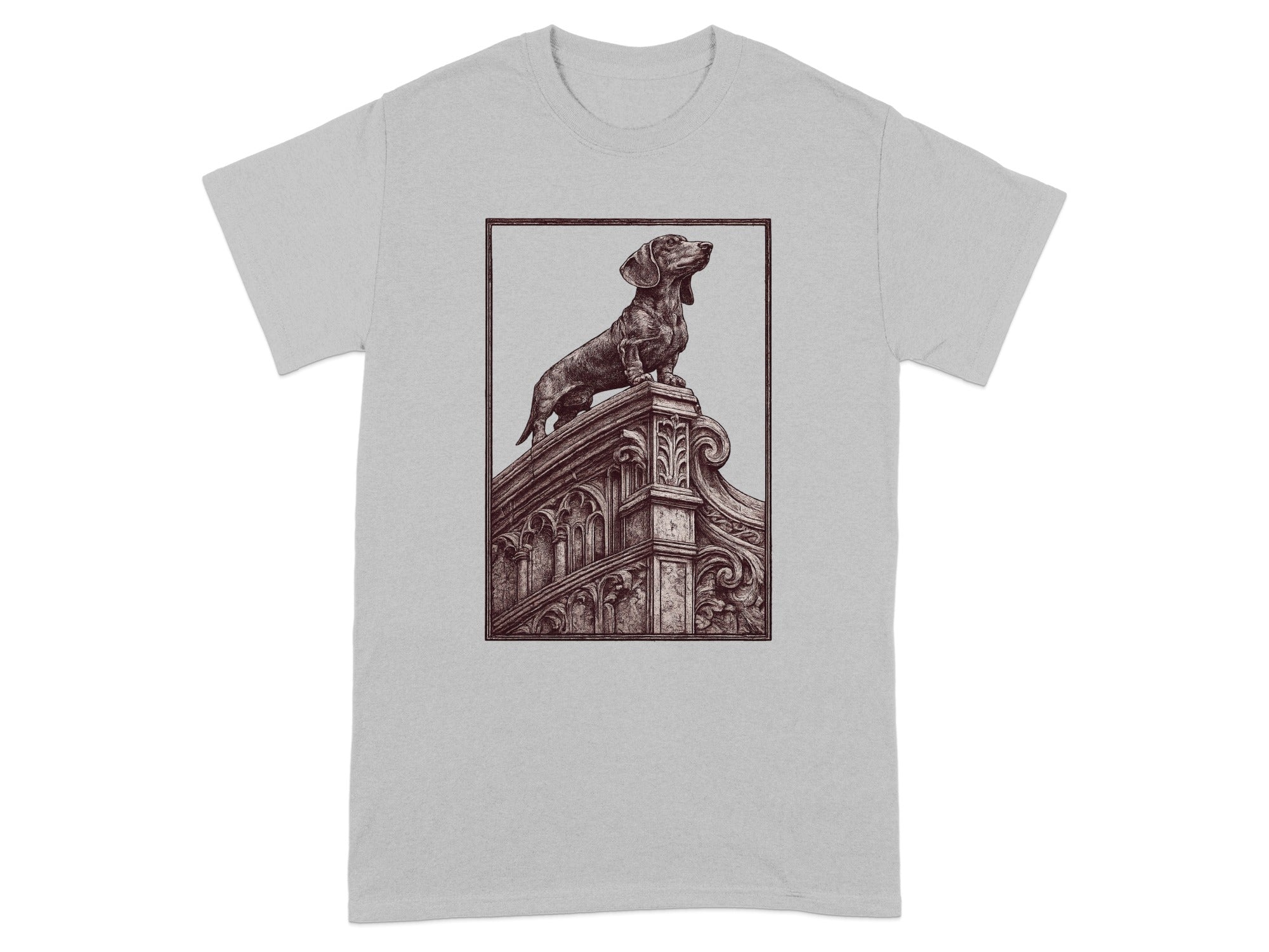 Dachshund on ornate architectural detail, in sepia-toned illustration within a frame.