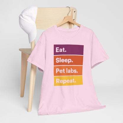 Color Block Unisex T-Shirt with Retro Sunset Colors and 'Eat Sleep Pet Labs Repeat' Text