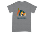Gray t-shirt with colorful abstract dog and text "feral little creature, perfectly formed".