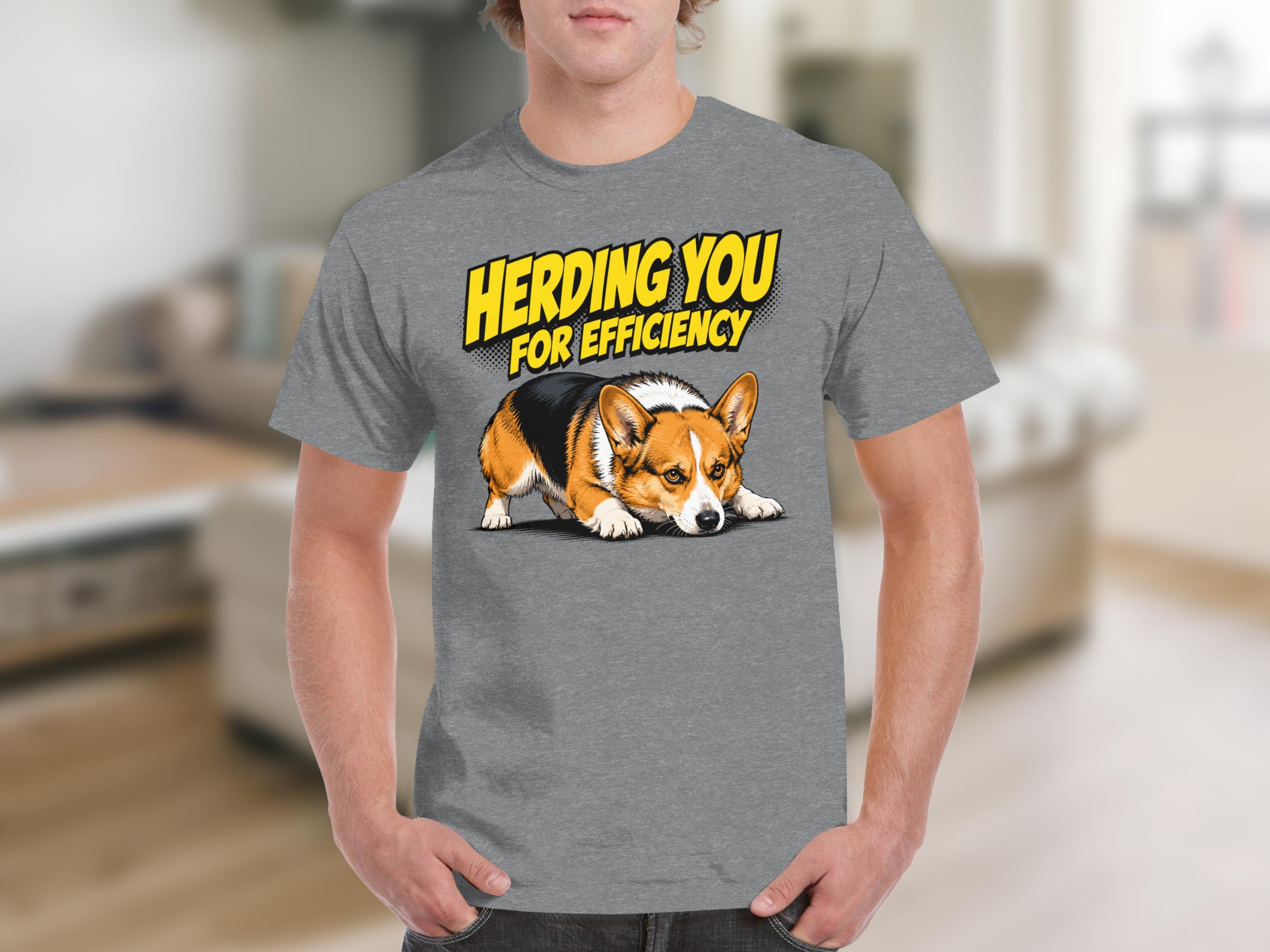 Corgi on gray t-shirt with "Herding You For Efficiency" text.