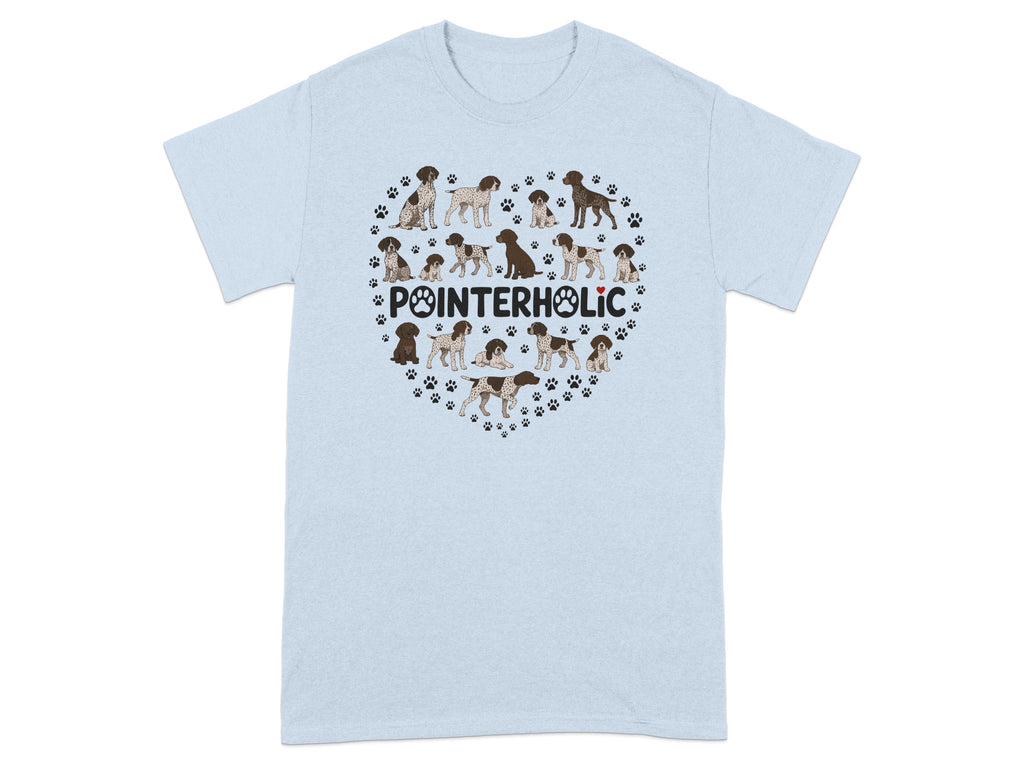 Light blue t-shirt with a heart design of German Shorthaired Pointer dogs and paw prints.