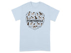 Light blue t-shirt with a heart design of German Shorthaired Pointer dogs and paw prints.