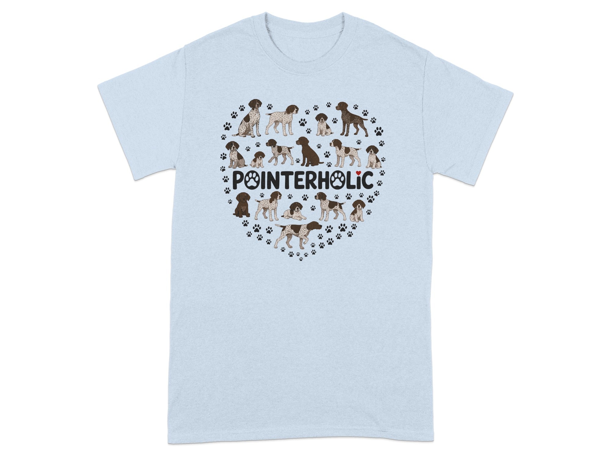 Light blue t-shirt with a heart design of German Shorthaired Pointer dogs and paw prints.