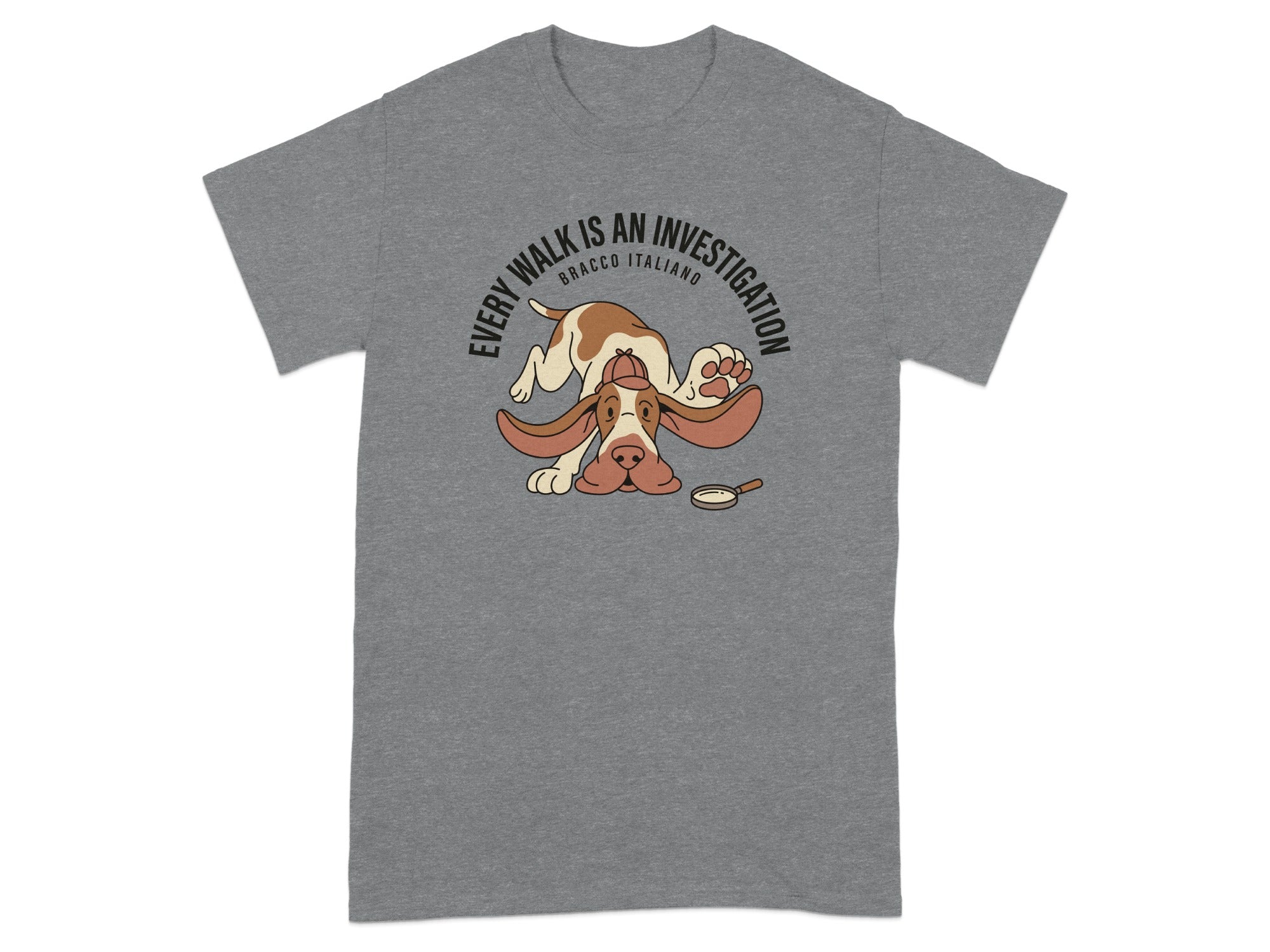 Gray t-shirt with Bracco Italiano dog cartoon and text "Every walk is an investigation."