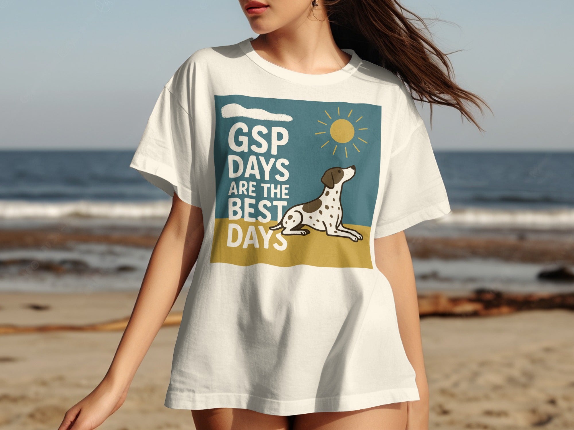 White t-shirt with German Shorthaired Pointer and text "GSP DAYS ARE THE BEST DAYS".