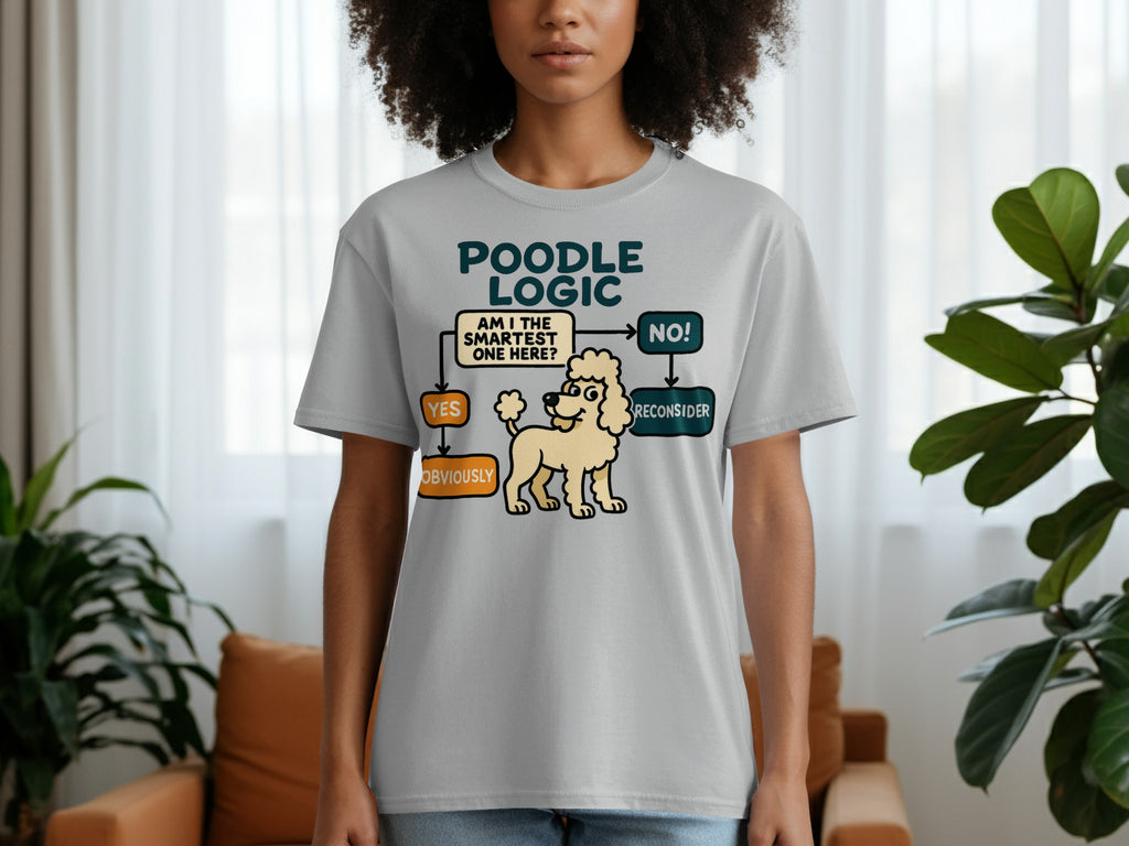 T-shirt with poodle logic flowchart: "Am I the smartest one here?" "Yes obviously" or "No! Reconsider."
