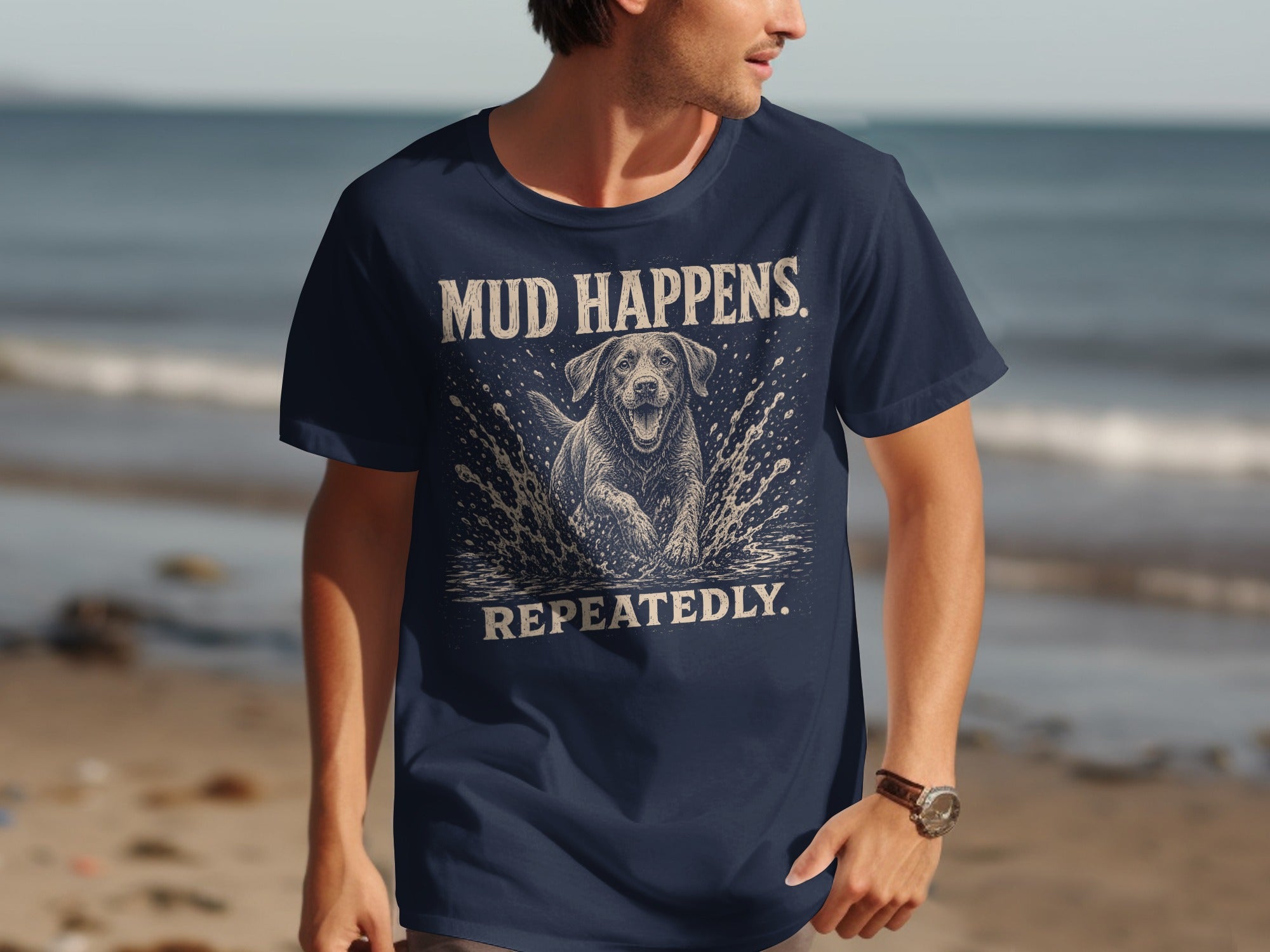 Navy t-shirt with a graphic of a happy dog splashing in mud.